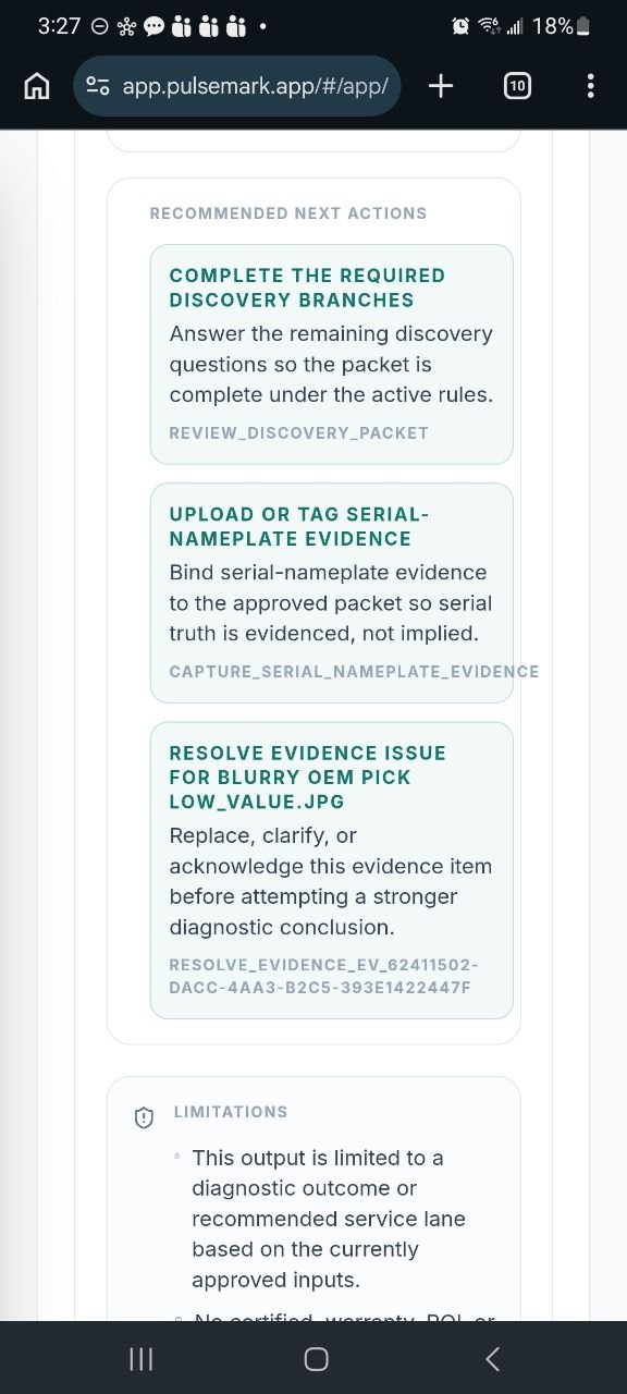 Decision outcome view in PulseMark Field Diagnostic mobile workflow